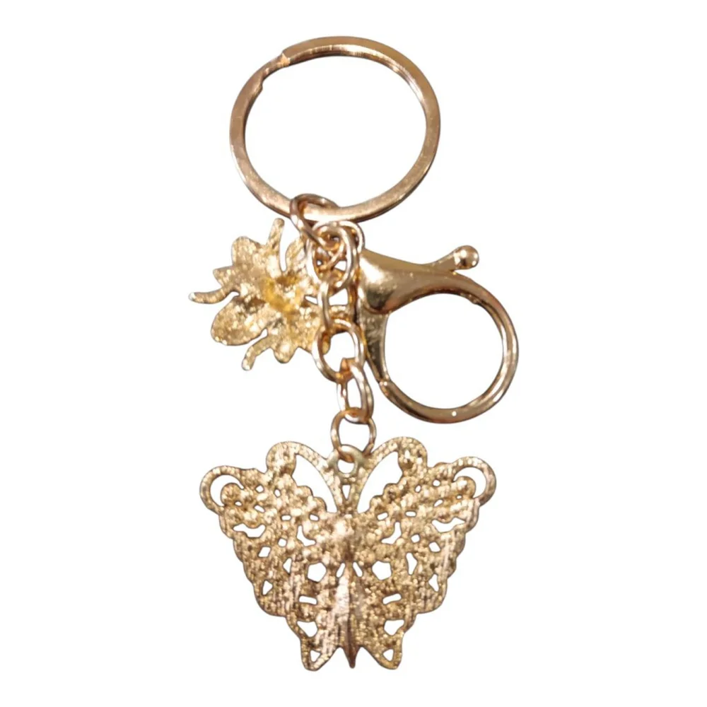 Iridescent Rhinestone Butterfly Bumblebee Gold Tone Keychain Purse Charm